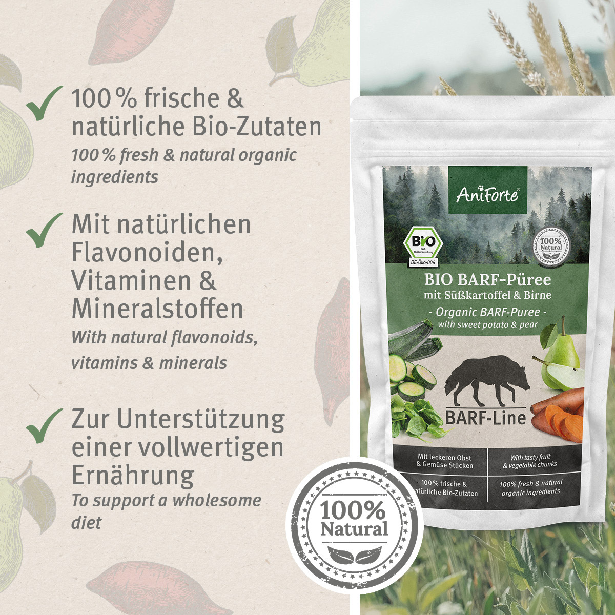 Aniforte Ergänzungsfutter & Aufzucht Aniforte BIO BARF Püree - Süßkartoffel & Birne 5 x 150g