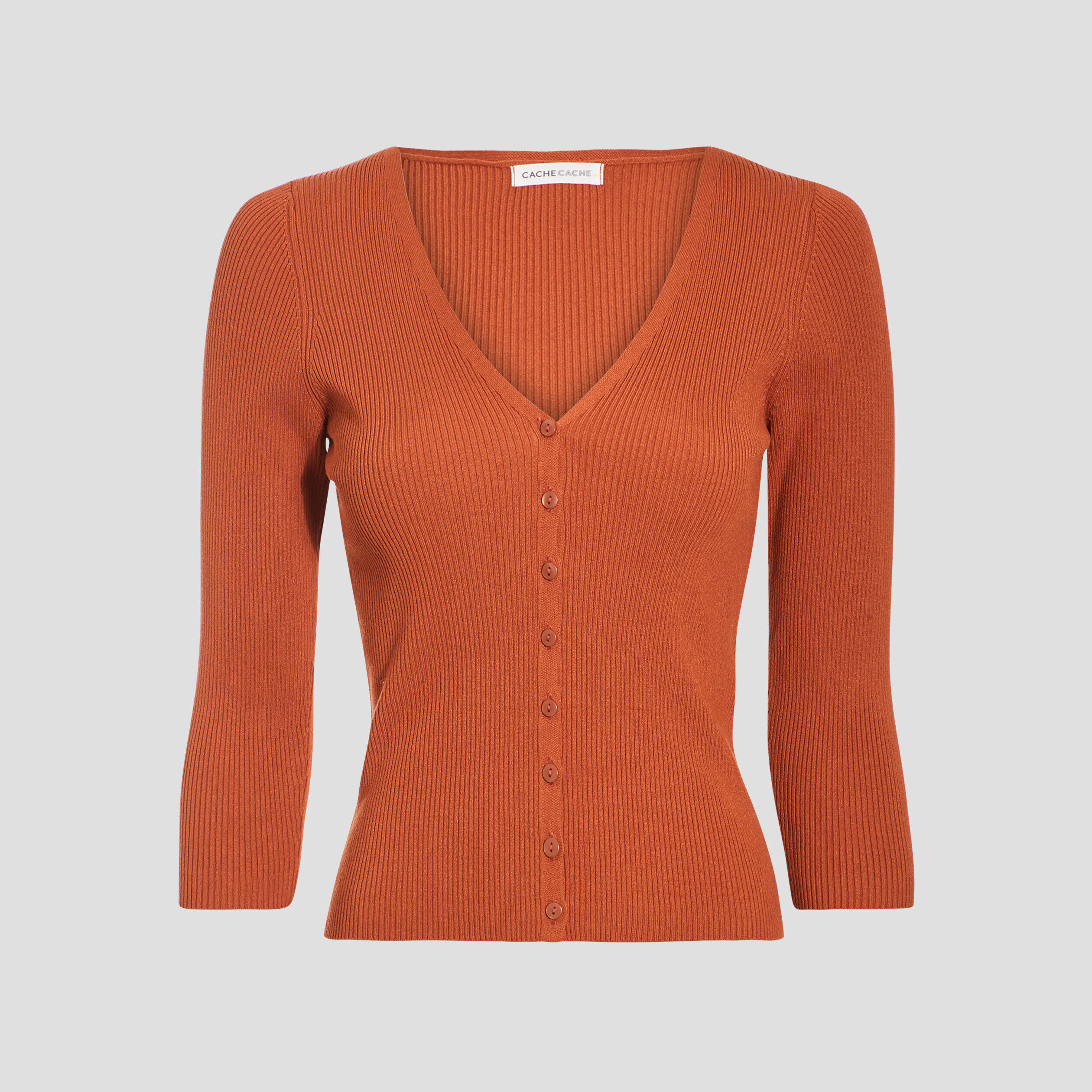 Gilet manches 3/4 boutonné marron cognac femme | Cache Cache