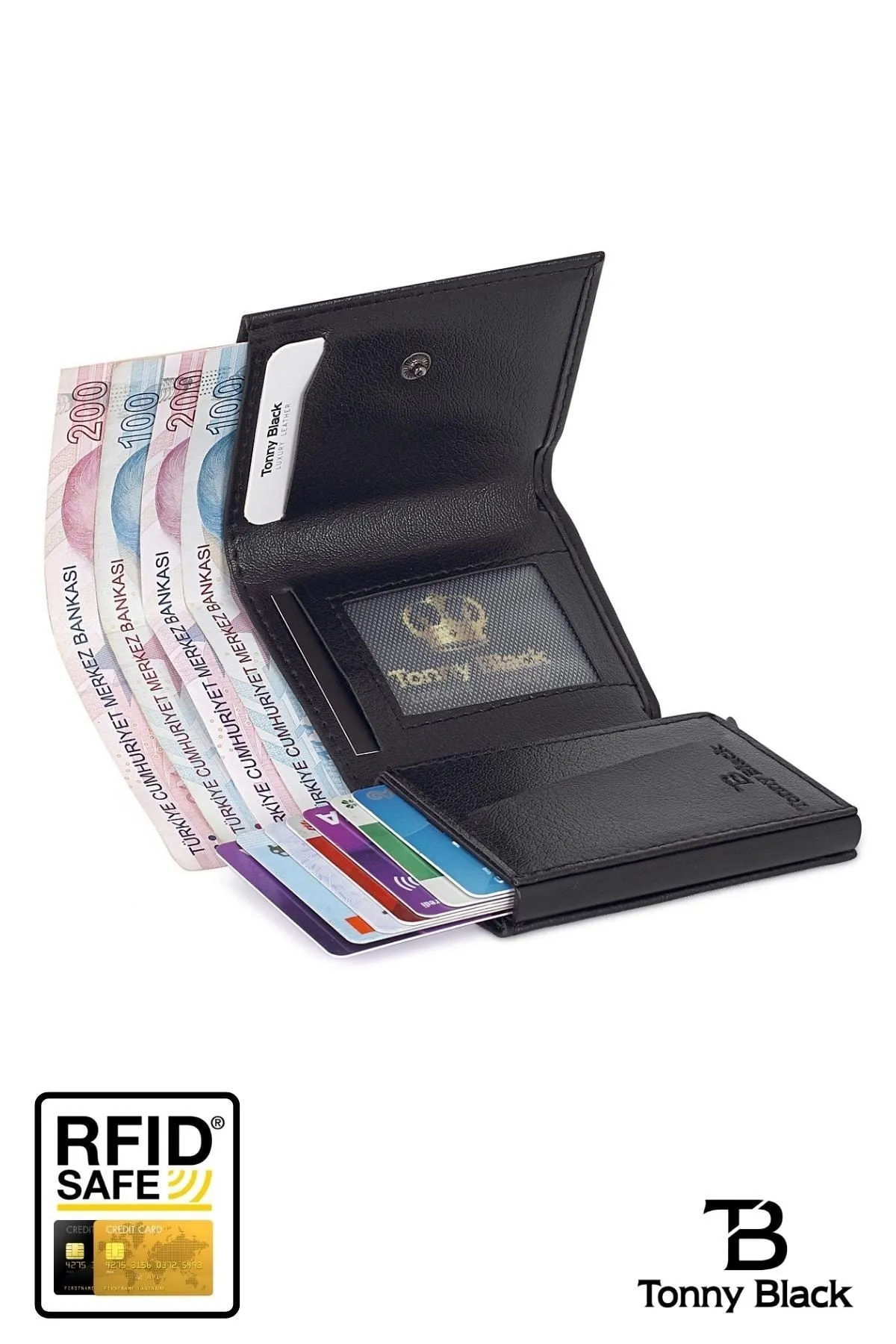 Tonny Black  Originale RFID-Schutz-Geldbörse mit Automatikmechanismus und Diebstahlschutz, mit Geld- und Kartenhalter
