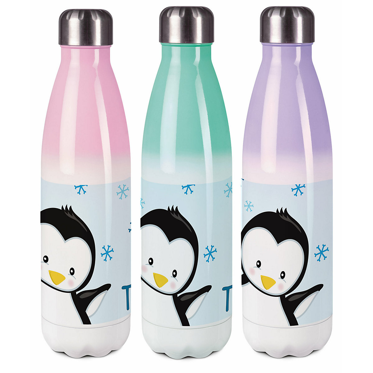 Edelstahl Kinder Thermoflasche / Trinkflasche bunt Pinguin Farbe hellblau Spülmaschinenfest, Auslaufsicher, Bruchfest, Doppelwandig, Für Heißgetränke geeignet, Mit Deckel, Isoliert