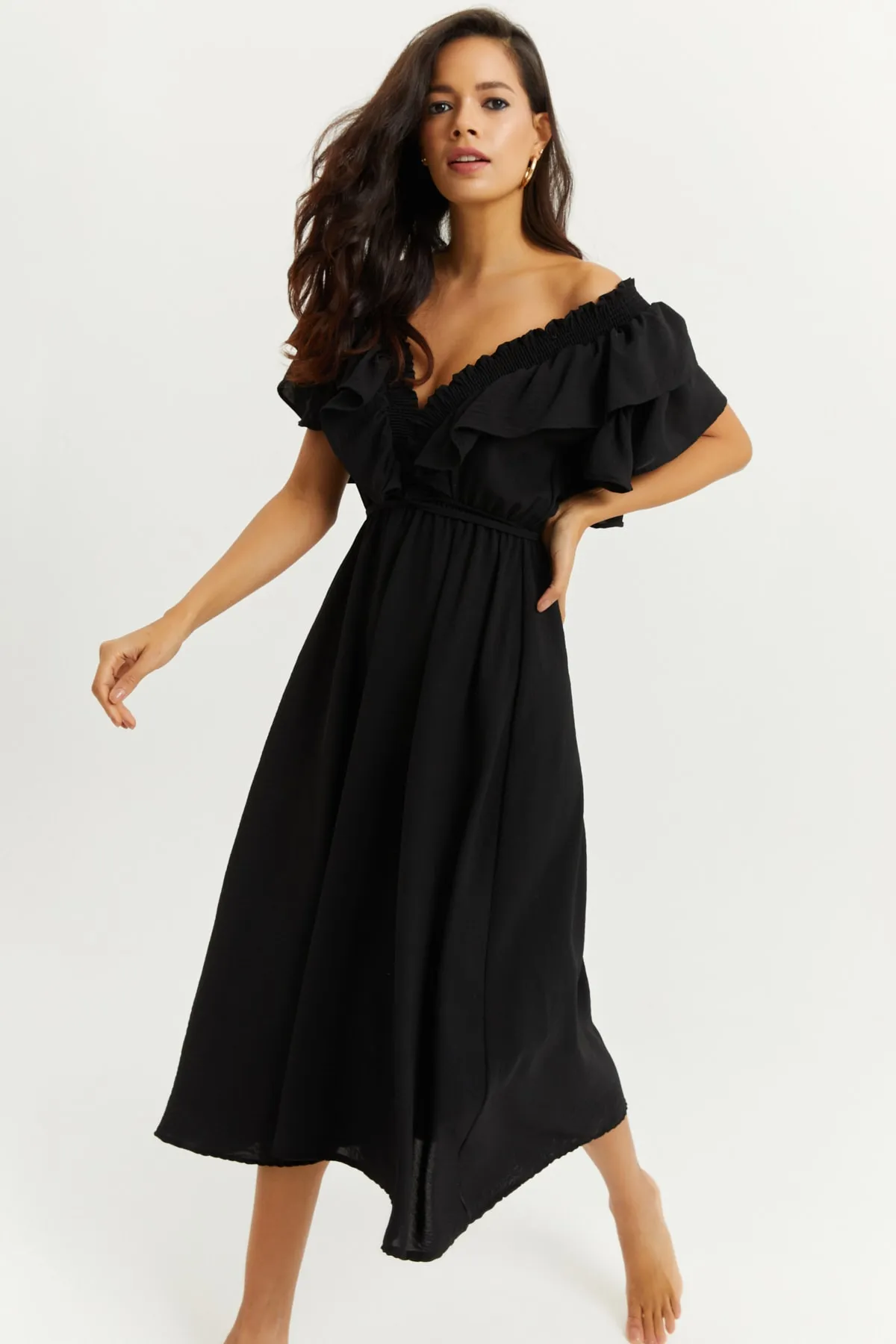 Cool & Sexy  Schwarzes Damen-Volantkleid mit V-Ausschnitt vorne und hinten KS113