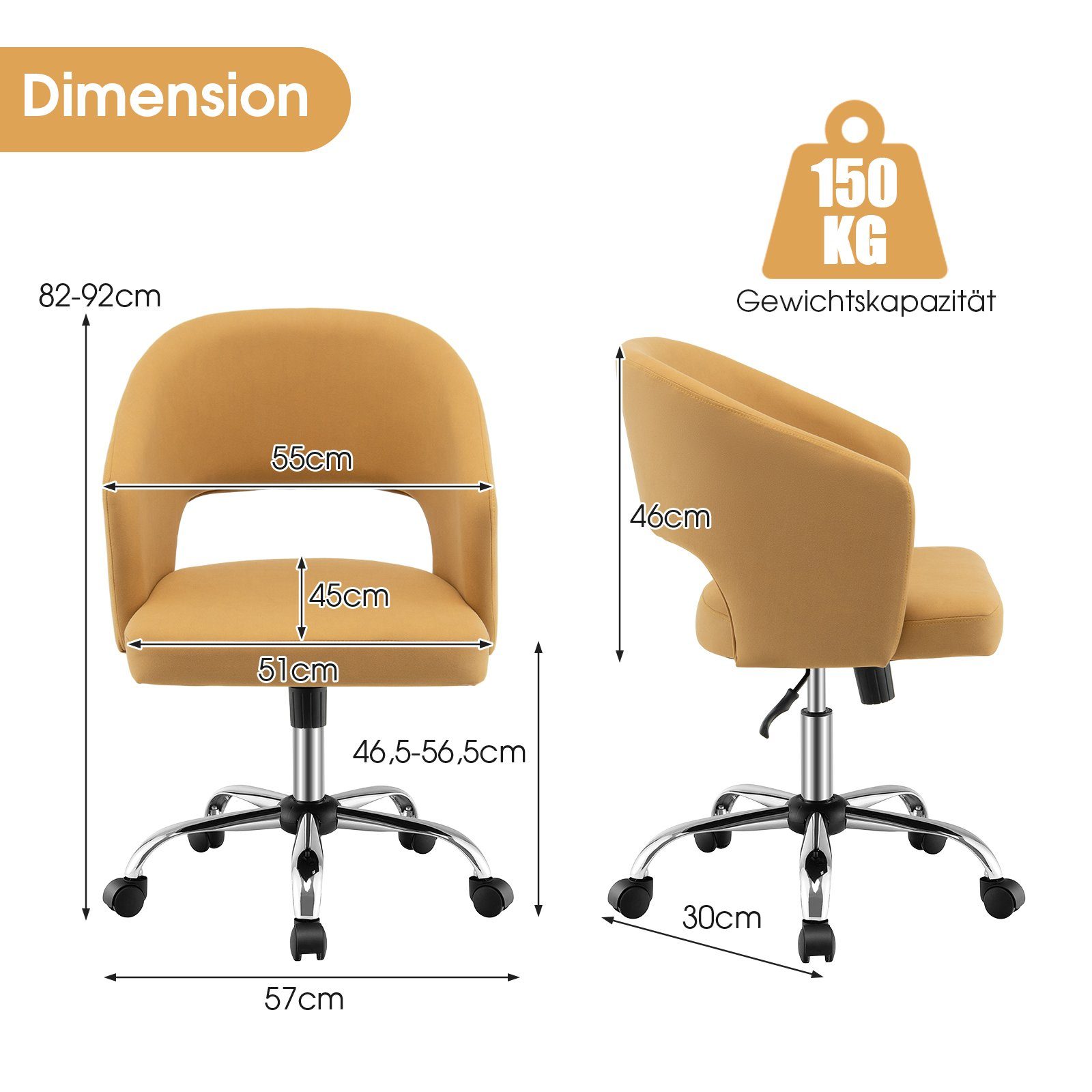 COSTWAY Bürostuhl höhenverstellbarer Schreibtischstuhl, Drehstuhl, bis 150 kg belastbar, Gelb