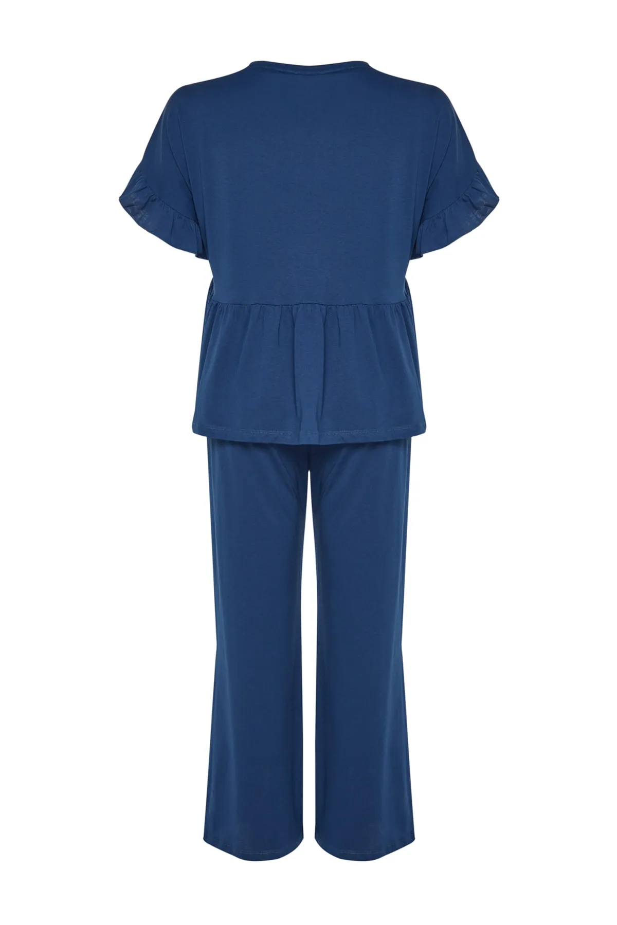 Trendyol Curve  Marineblaues Pyjama-Set aus Strick mit besticktem Volant TBBSS22PT0565