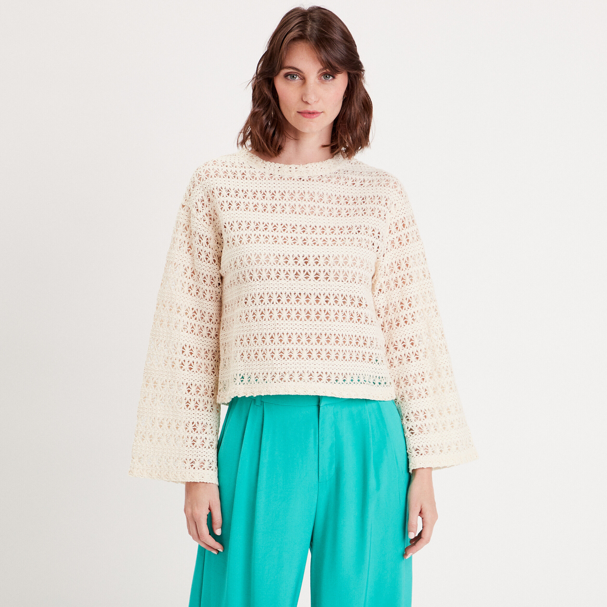 T-shirt crochet manches pagode ecru femme | Cache Cache