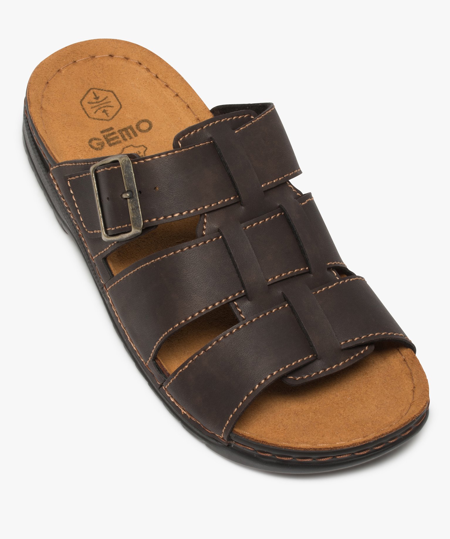 Sandales homme mules à larges brides tressées marron | GEMO