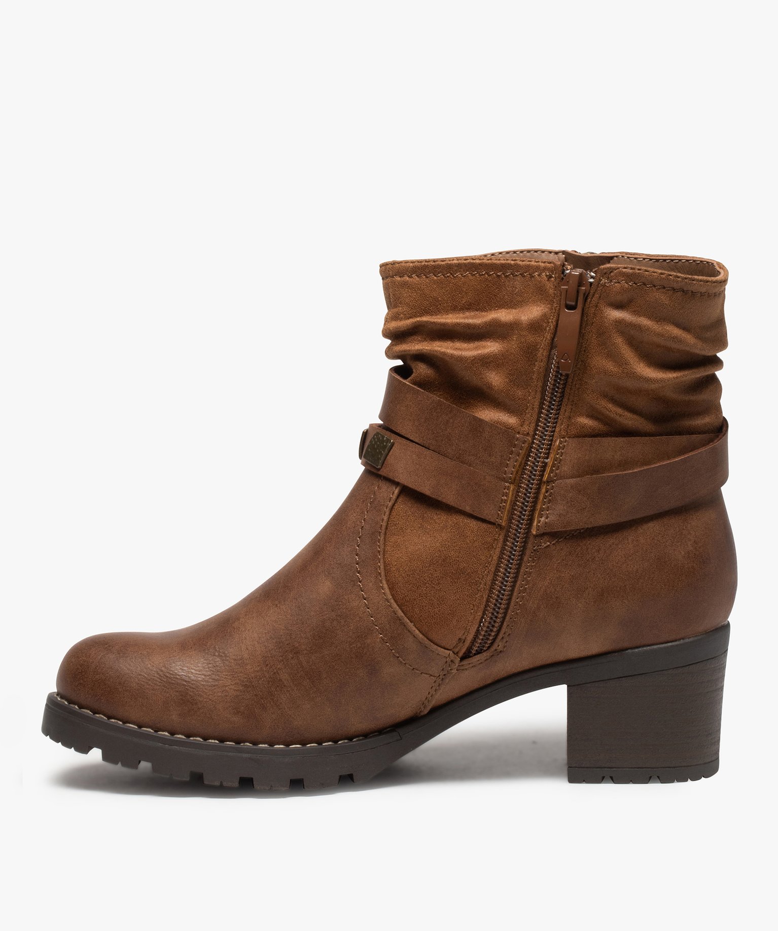 Boots femme zippées à talon carré et semelle crantée camel | GEMO