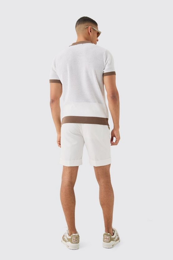 Regular Fit Ribbed Open Stitch Contrast Polo In White