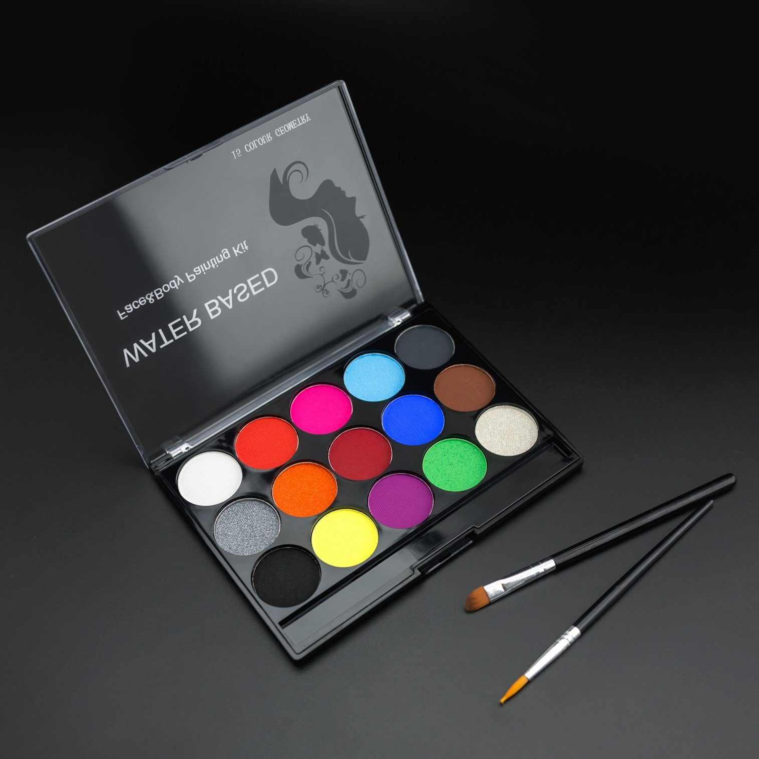 MyBeautyworld24 Schmink-Set 15 Bodypainting Farben inkl 2 Pinsel + Tattoo Vorlagen Kinder Schminke, 15-tlg.