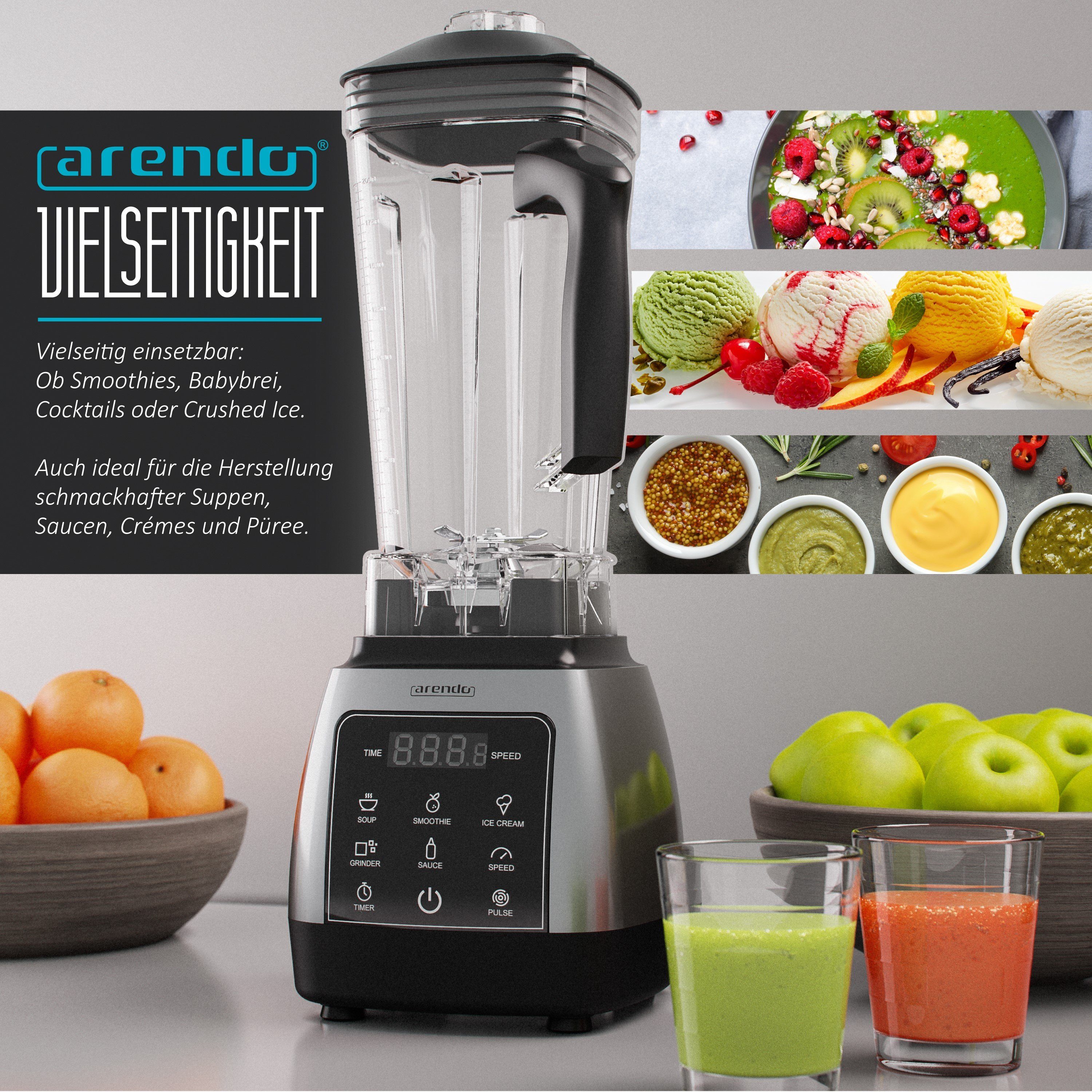 Arendo Standmixer, 2000 W, Mixer mit 2l Mixbehälter, Touchpanel, 24.000 U/min, Timer, 5 Programme
