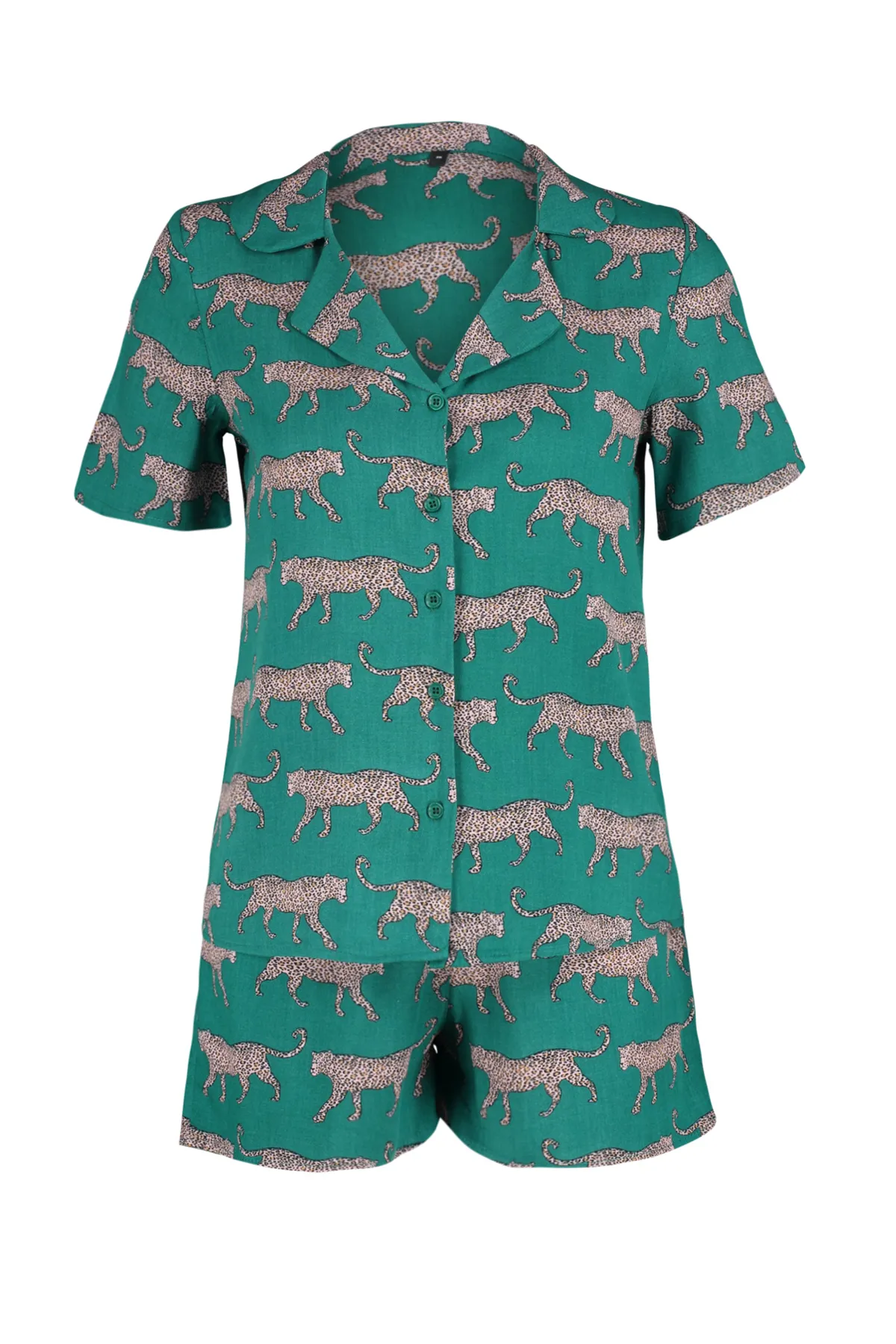 Trendyol Collection  Smaragdgrün gemustertes Viskose-Hemd-Shorts-Webpyjama-Set THMSS21PT0473