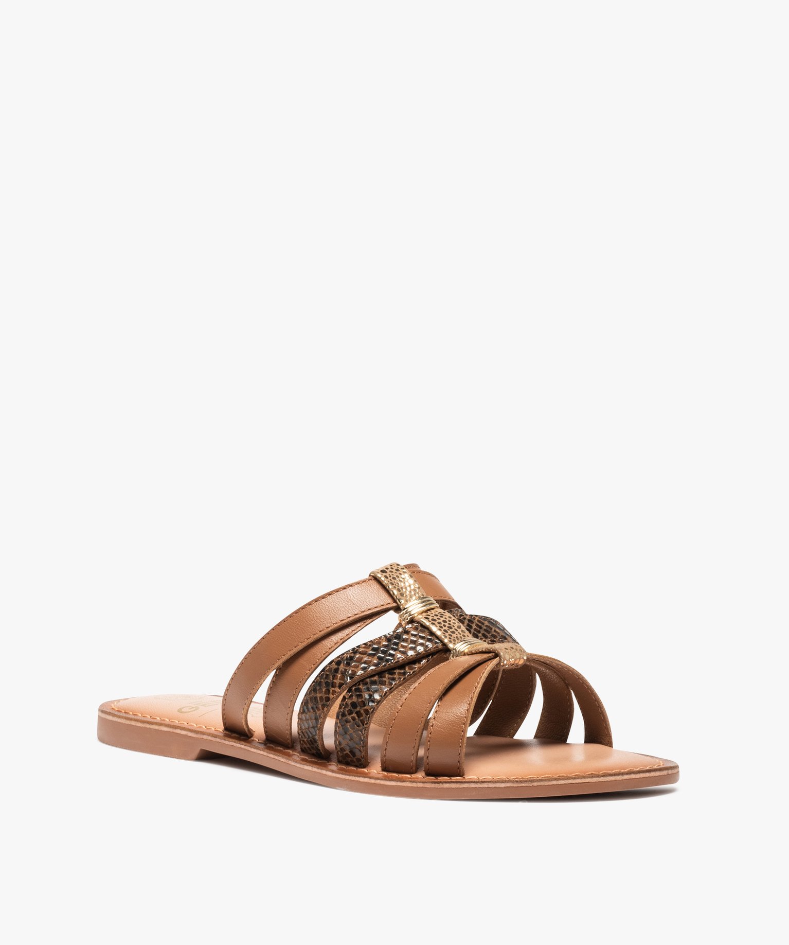 Sandales femme mules plates dessus cuir détails métal marron | GEMO