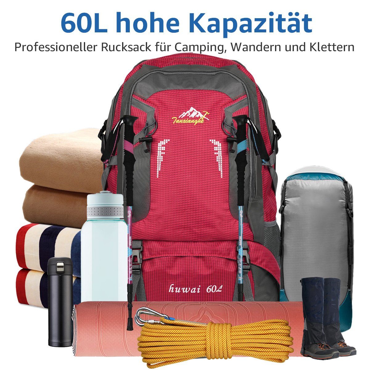 7Magic Wanderrucksack 60L XXL Rucksack Trekkingrucksack Reiserucksack Outdoorrucksack, Outdoor Daypack mit Hüftgurt, für Wandern, Klettern, Reisen Sport