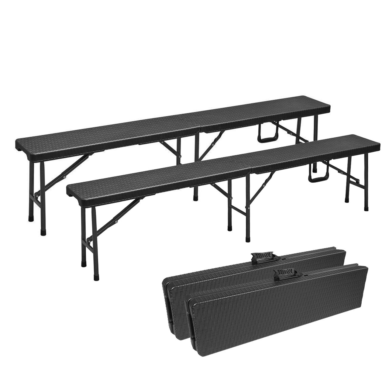 Lemodo Klappbank im 2er Set, mobile Sitzbank 180 x 25 cm in Rattan-Optik, klappbare Bierbank