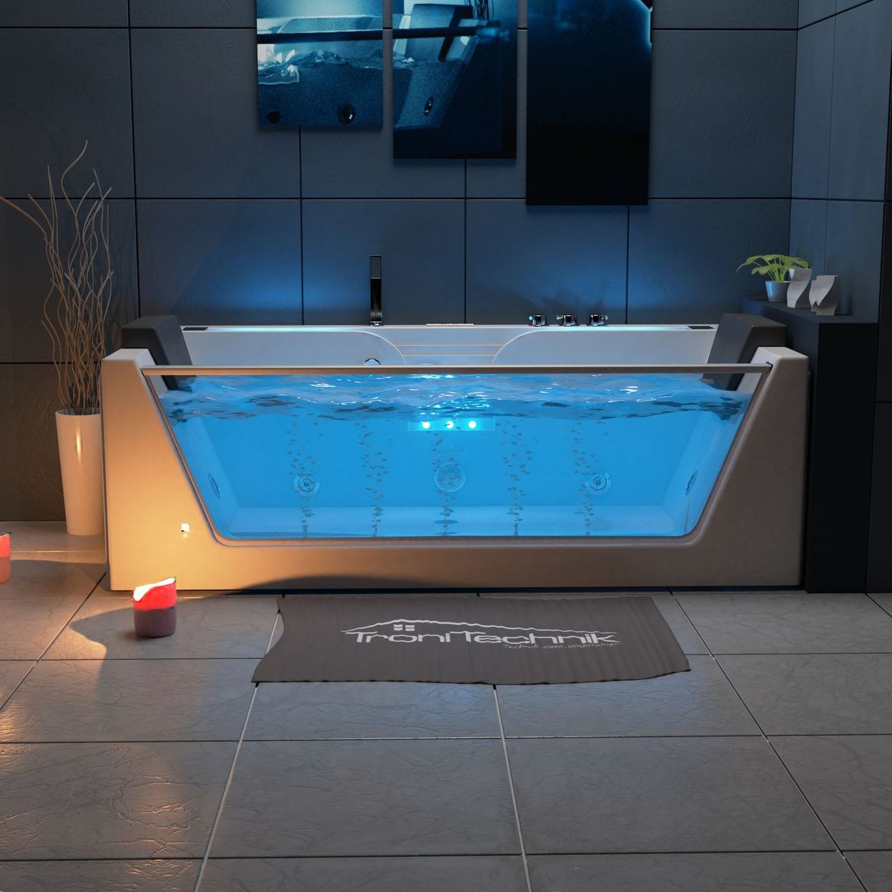 TroniTechnik Whirlpool Badewanne KOS 2 179cm x 85cm Heizung, Hydromassage, mit Bachlauf, Sanitäracryl