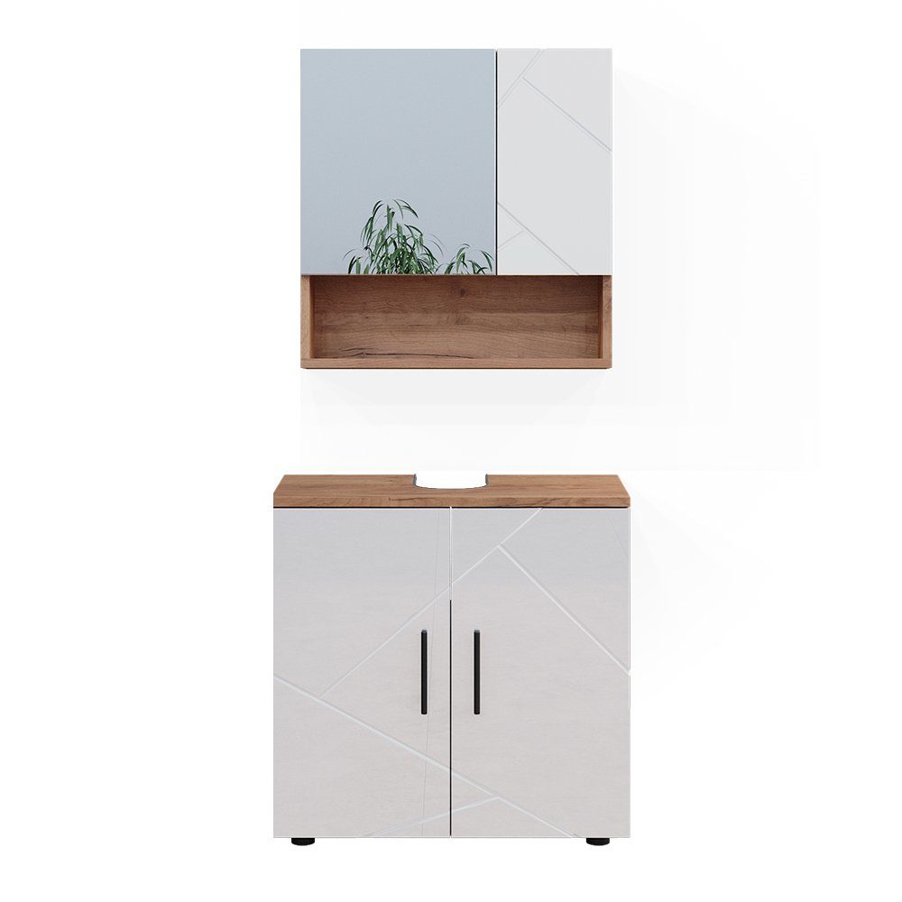 Vicco Badmöbel-Set Badezimmerschrank-Set IRMA Goldkraft-Eiche/Weiß Hochglanz, (2-St., 2-er Set)