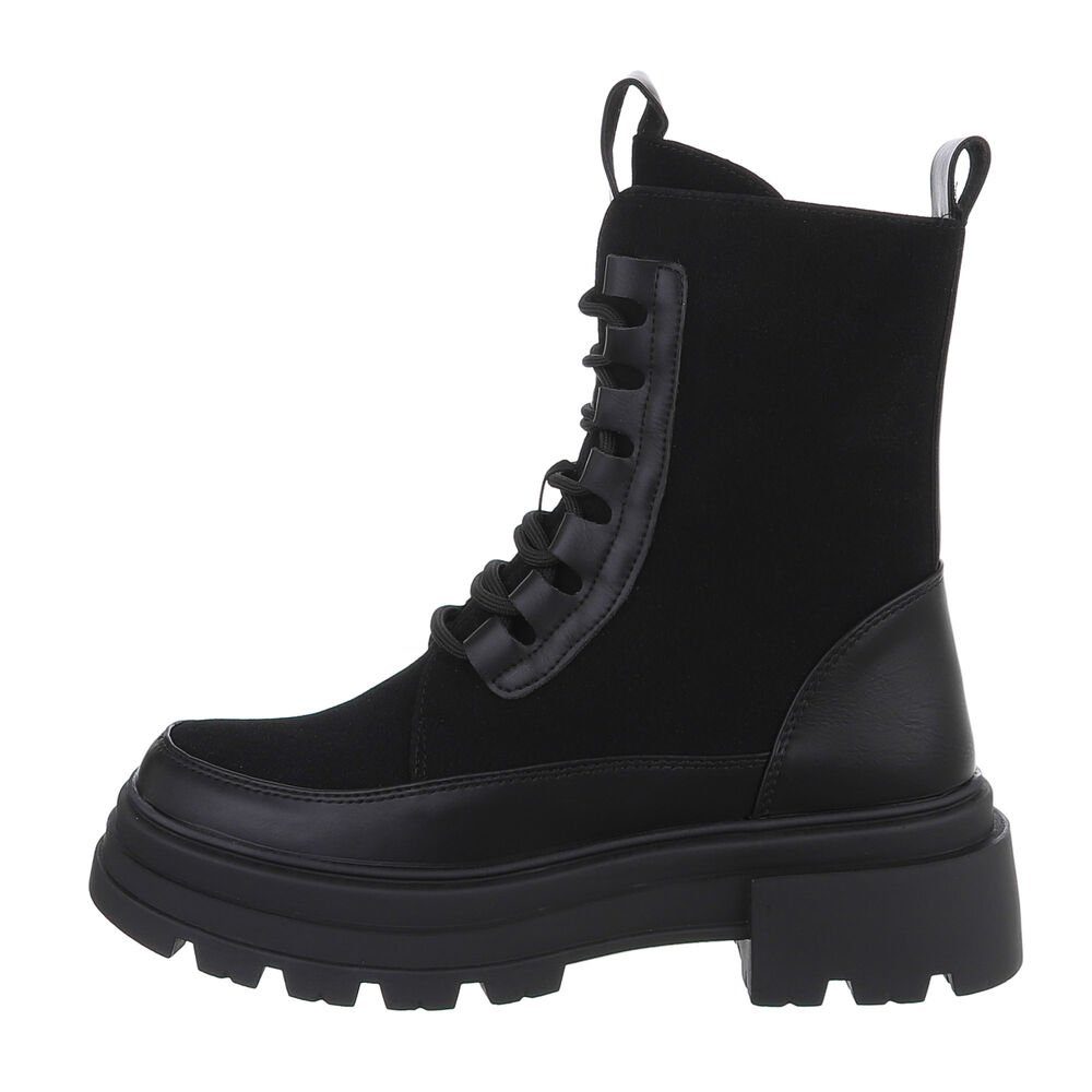 Ital-Design Damen Schnürschuhe Freizeit Schnürstiefelette Blockabsatz Plateaustiefeletten in Schwarz