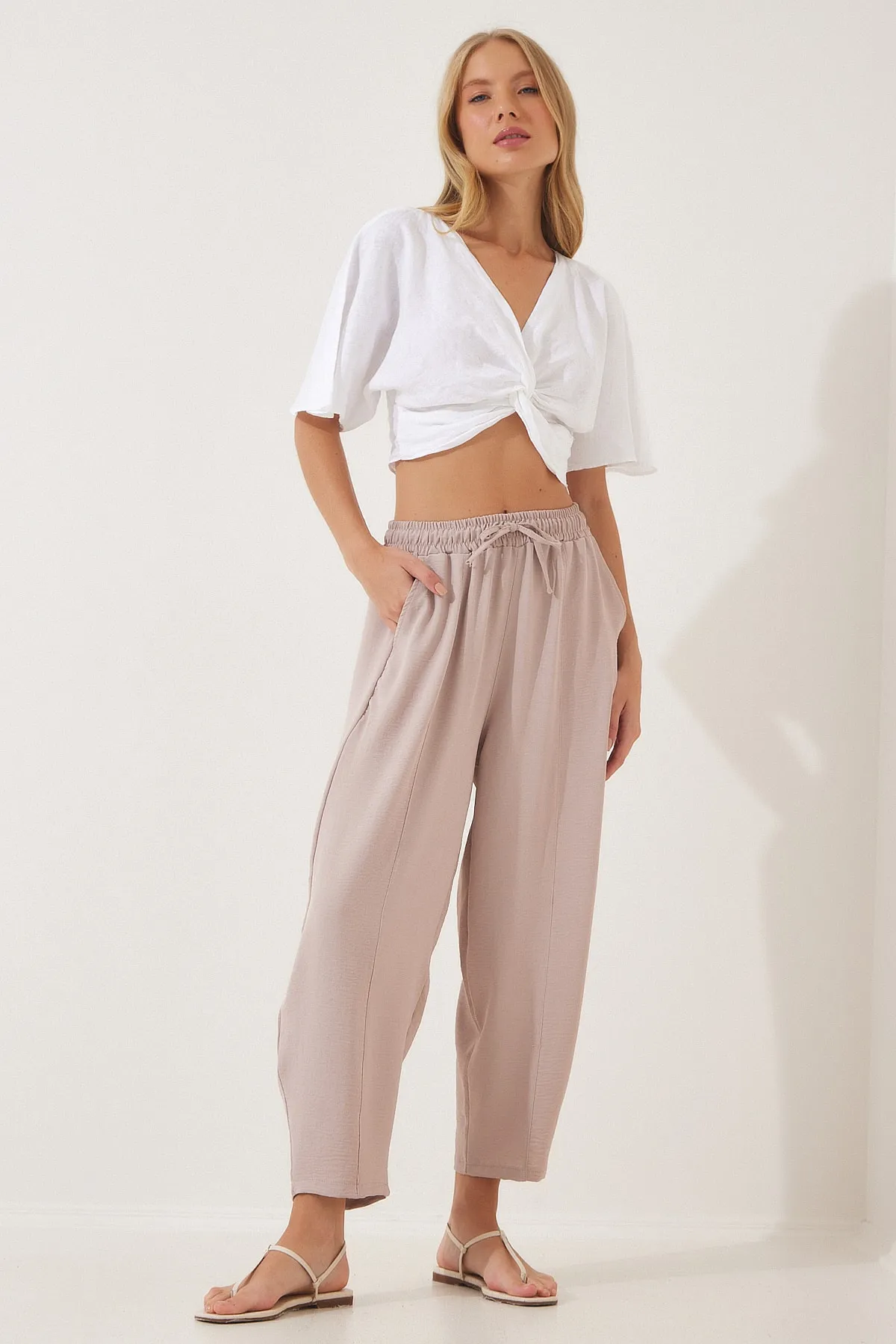 Happiness İstanbul  Damen-Shalwar-Hose aus cremefarbenem Leinen CI00036