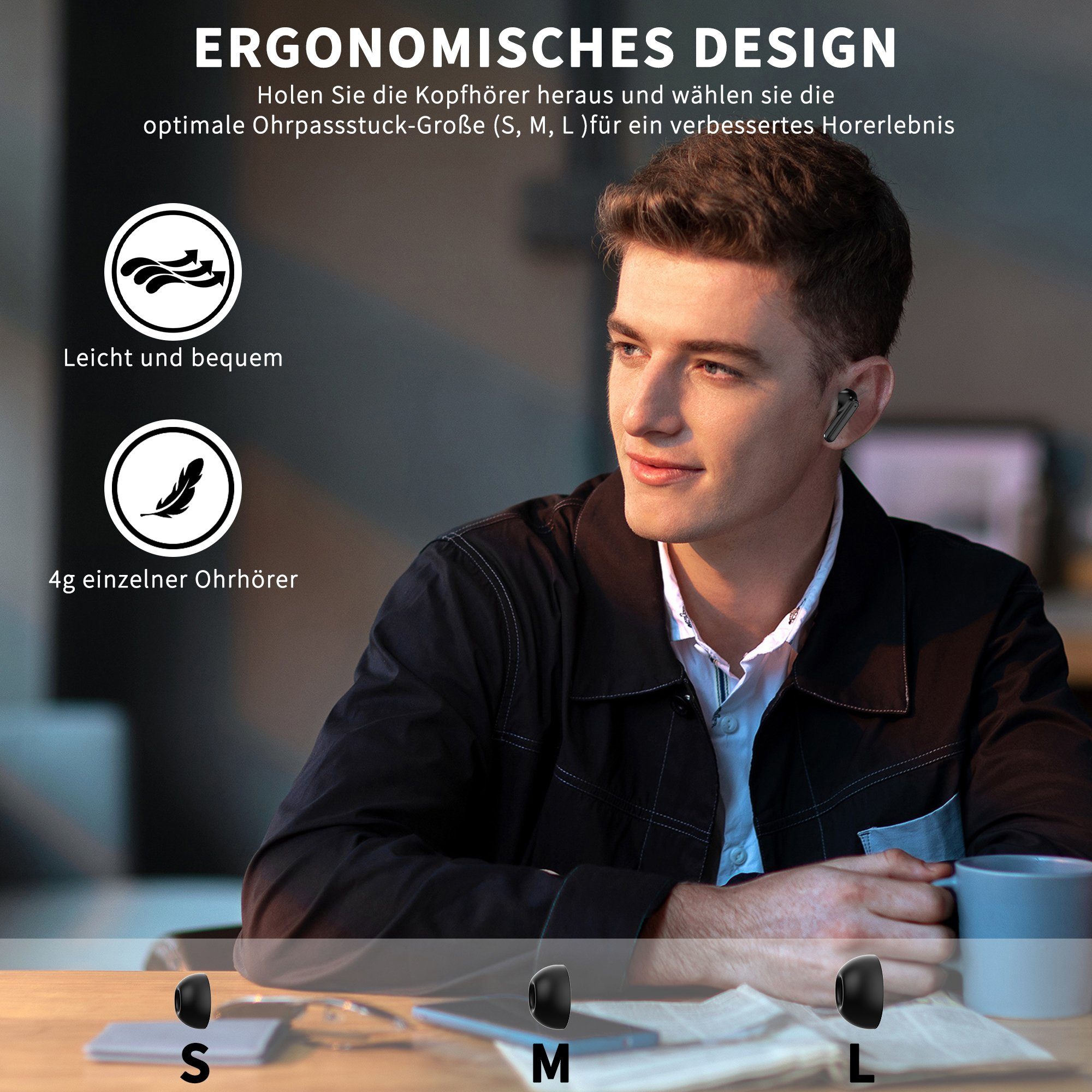 Giecy Bluetooth Kopfhörer, Mikrofon in ear Kopfhörer Kabellos Bluetooth 5.3 In-Ear-Kopfhörer (Voice Assistant, Siri, Bluetooth, Rauschunterdrückung, Touch Control, ENC Mikrofon, LED Anzeige kopfhörer, Wireless Headphones, Ohrhörer Bluetooth)