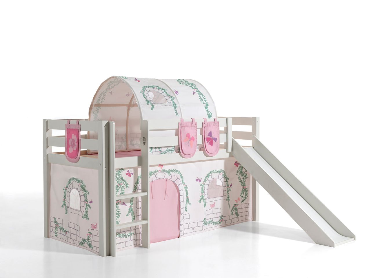 VIPACK Spielbett Pino inkl. Rutsche mit Textilset Vorhang, Tunnel und 3 Taschen 