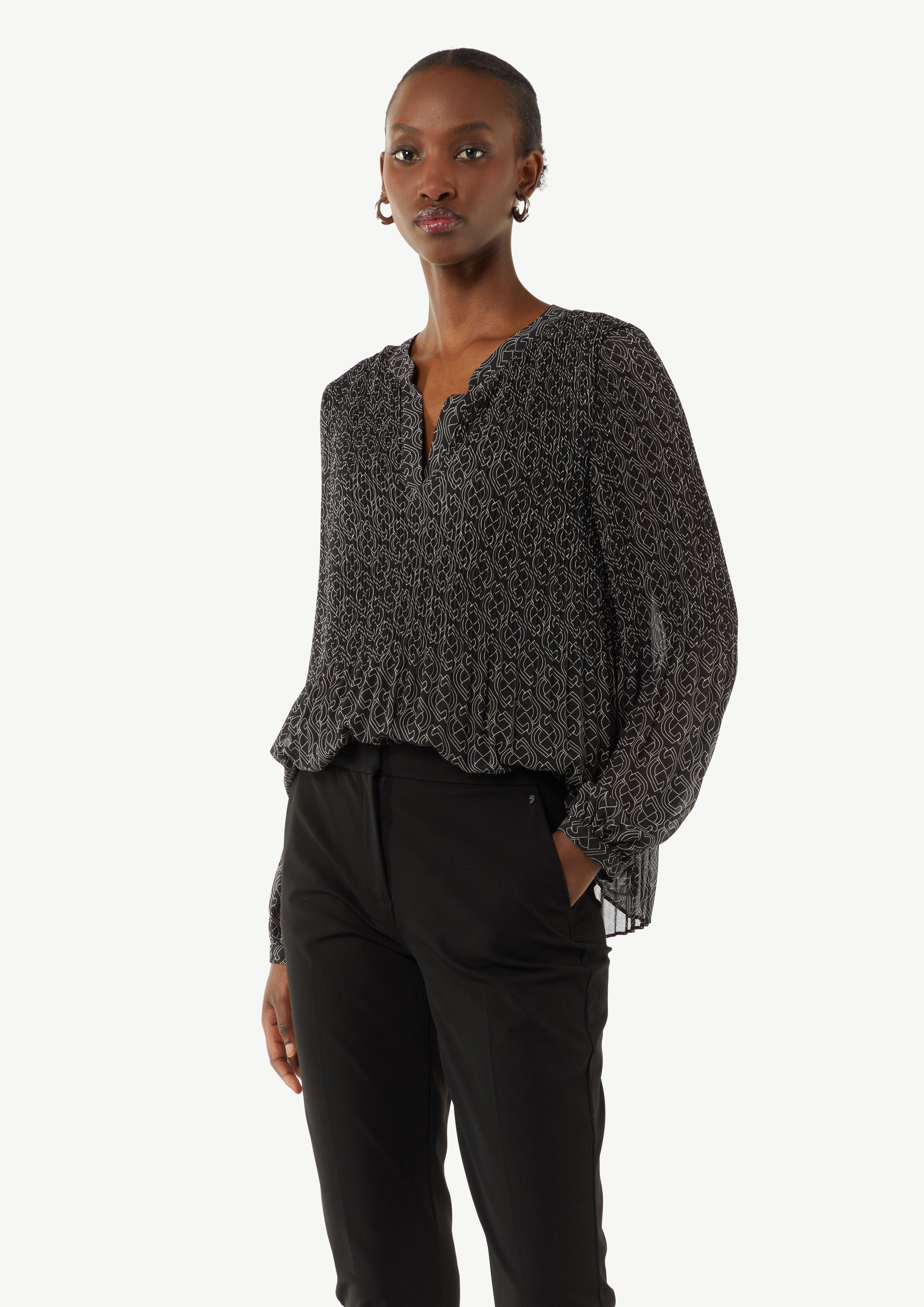 Plissierte Bluse aus Chiffon mit Logomuster - schwarz