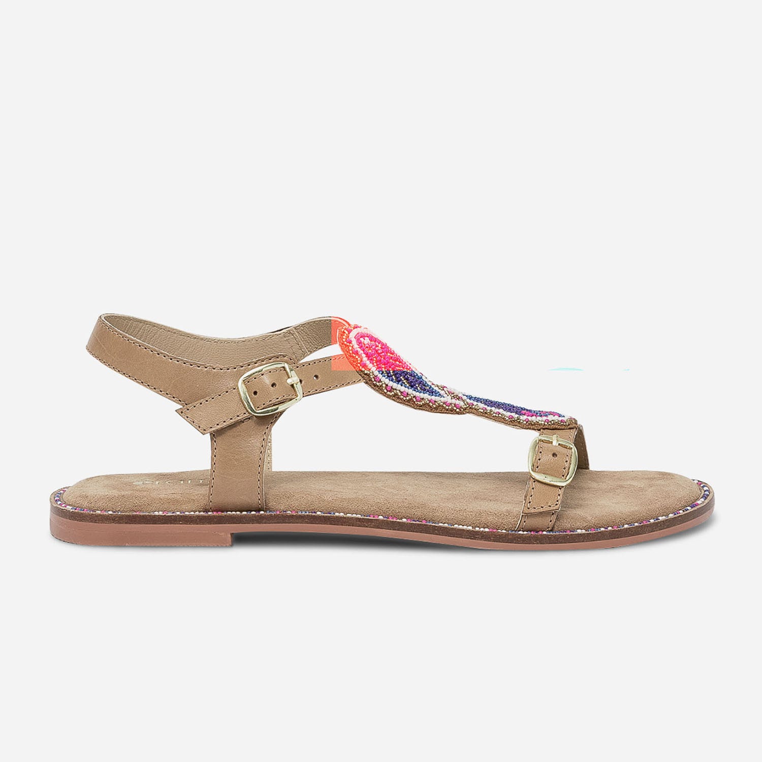 Sandale camel en cuir à plastron perlé