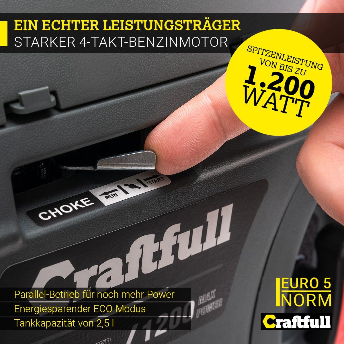 Craftfull Stromerzeuger Stromgenerator Benzin Power Inverter PI1200/ PI2000, 1,50 in kW, (Stromerzeuger 2x Fast-Charge USB-Anschluss - 12 V/8,3 A - Eco Modus - Ölmangelschutz - reine Sinuswelle für sensible Elektronik, 1-tlg., Spitzenleistung 1200 W