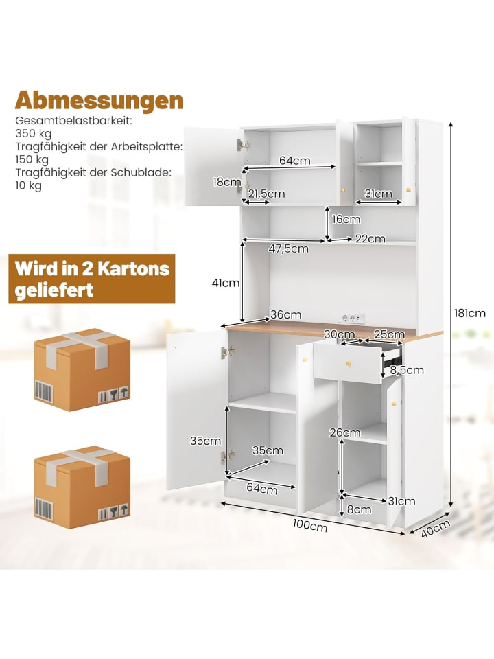 COSTWAY Küchenschrank Holz 100x40x181cm in Weiß günstig kaufen onesize