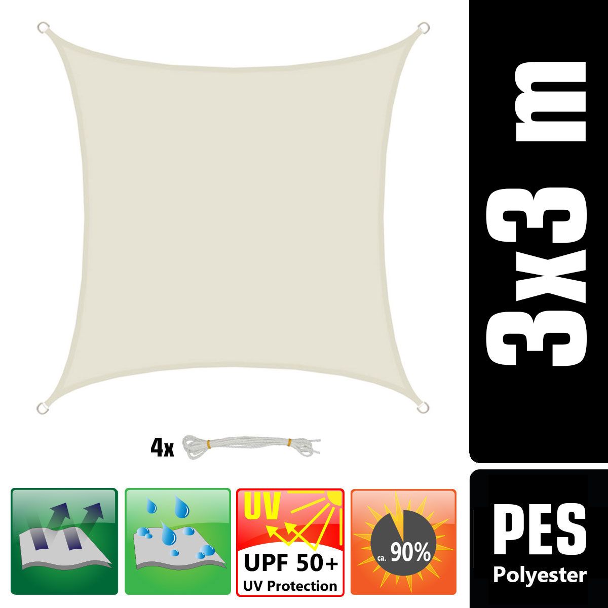 AMANKA 3x3 Wasserdichtes Beige Sonnensegel mit Befestigung