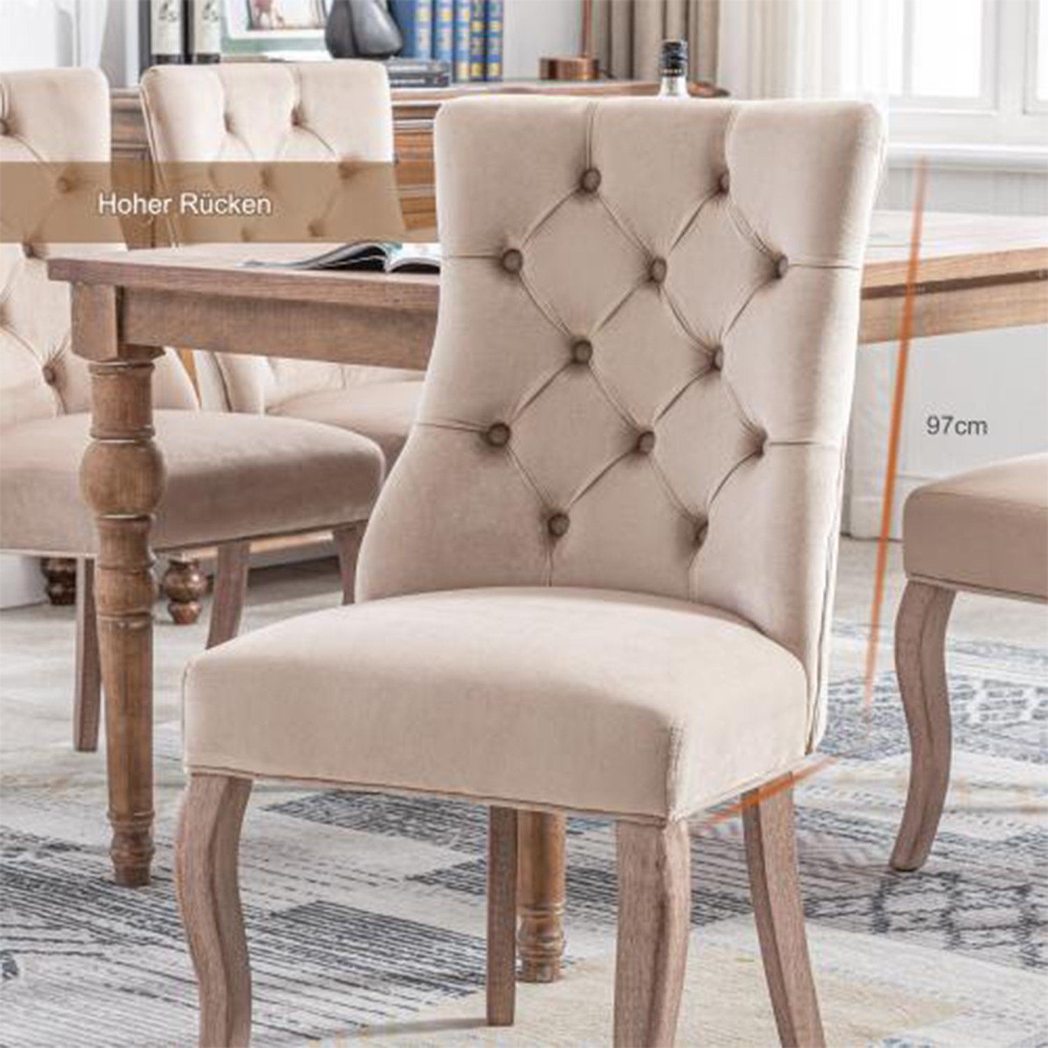 YANN 4-Fußstuhl 4-Fußstuhl, Stuhl Beige Samt Esszimmerstuhl,hohe Rückenlehne (4 St), mit Knopfsteppung, Gestell aus Massivholz, Beige(Set, 4 St)