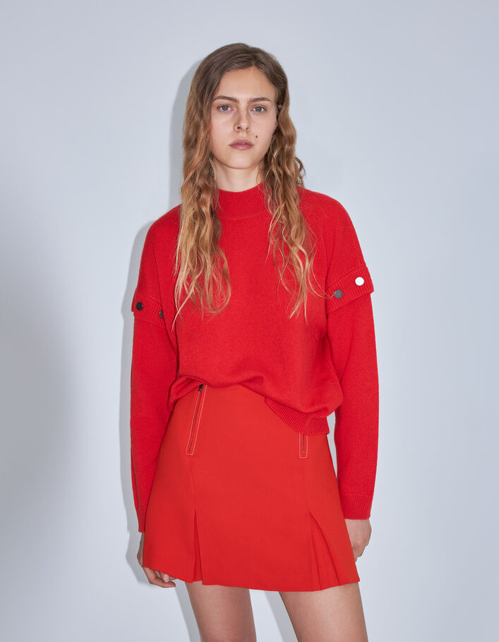 Pull tangerine tricot décor pressions manches Femme