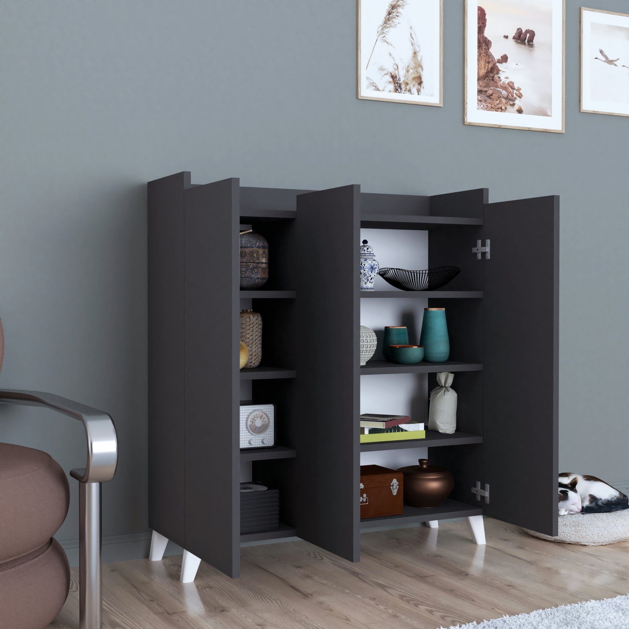 en.casa Mehrzweckschrank Sirdal mit 3 Türen 104x90x30 cm Anthrazit