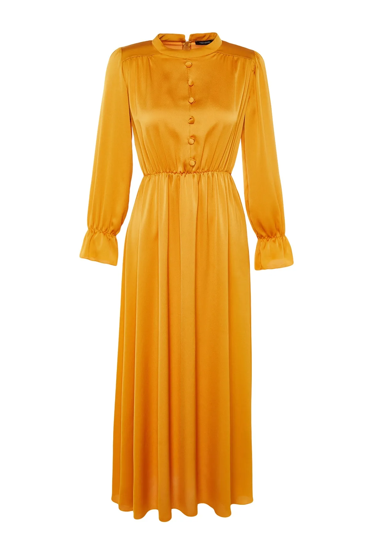 Trendyol Modest  Senfgelbes Abendkleid aus Satin mit Brit-Details TCTSS22EB0090