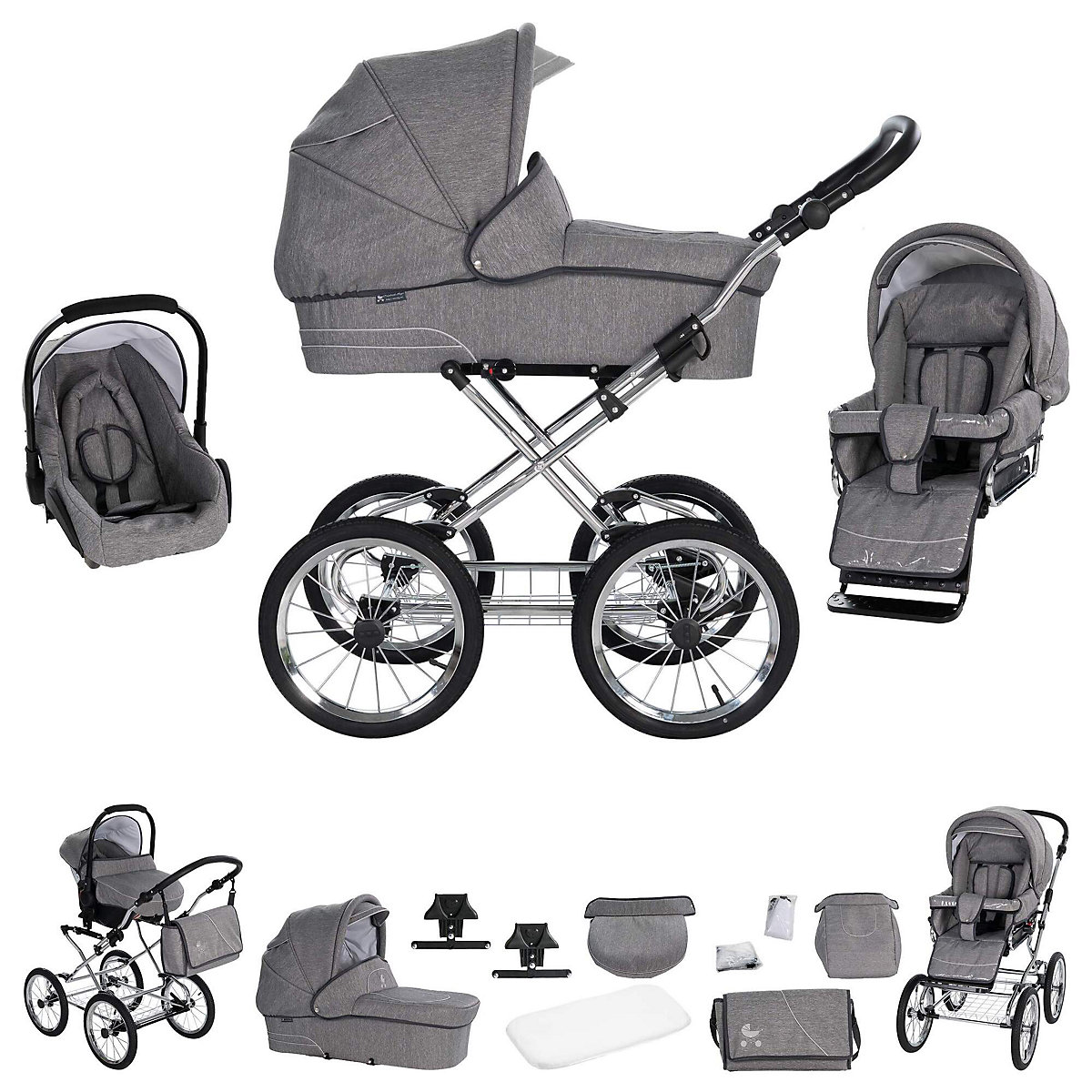 München | 3 in 1 Kombi Kinderwagen Komplettset | Nostalgie Kinderwagen Kombikinderwagen