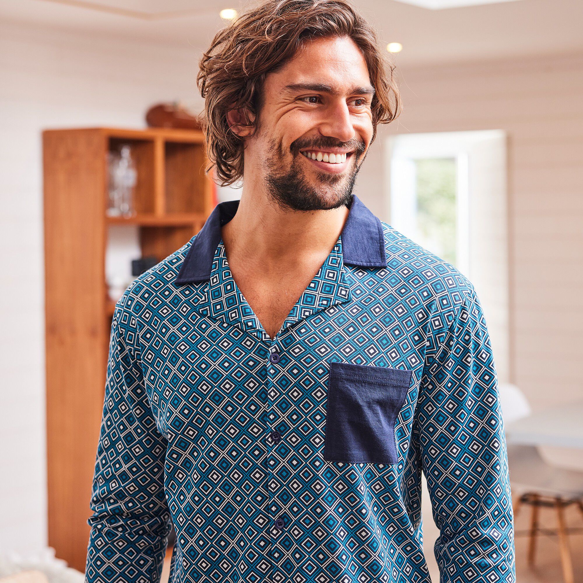 Pyjama jersey col chemise boutonné