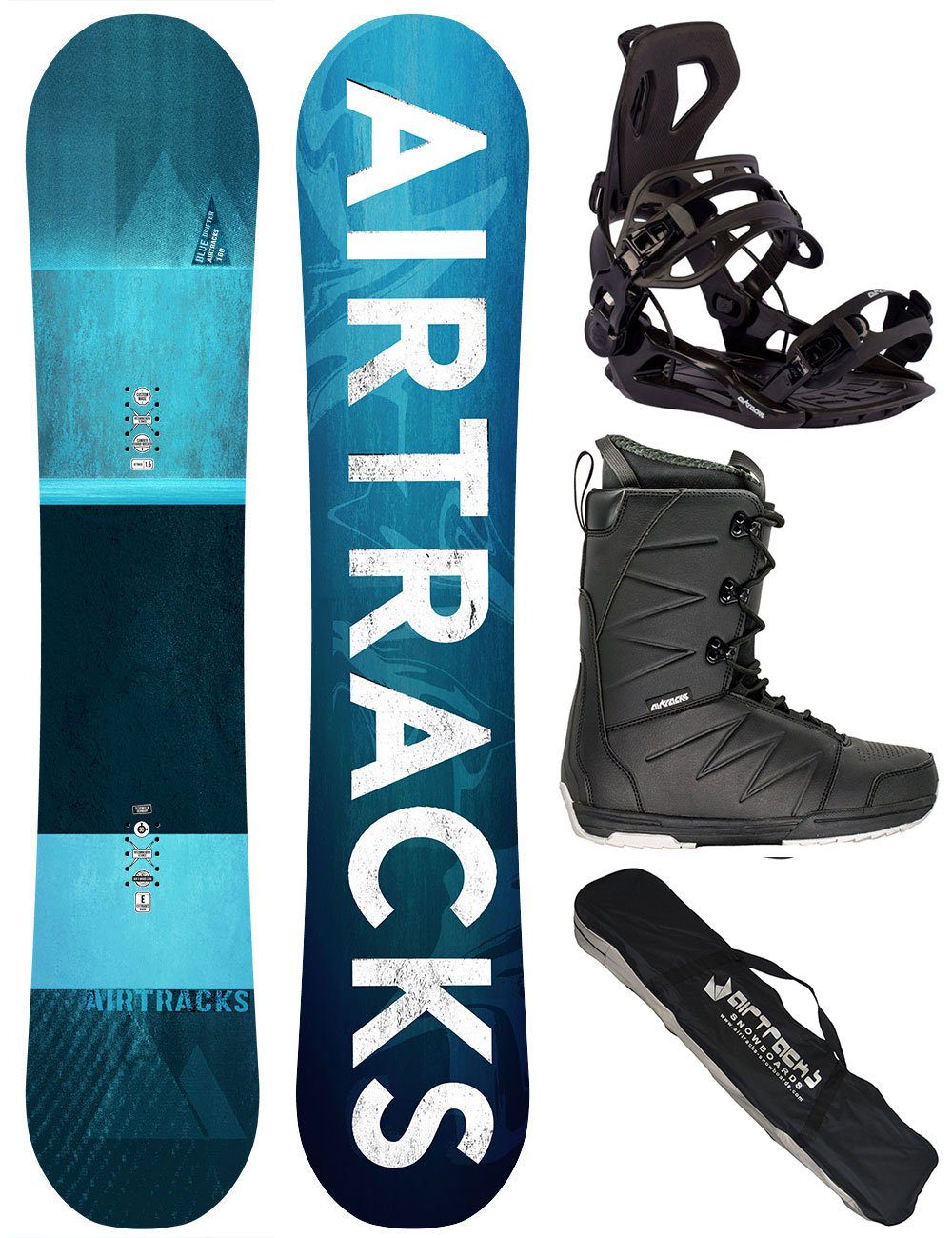 Airtracks Snowboard Herren Snowboard Komplett Set Blue Drifter Rocker Wide  Mod. 23 (4er Pack), Snowboard + Bindung Master + Boots + SB Bag / 150 155 160 164 cm
