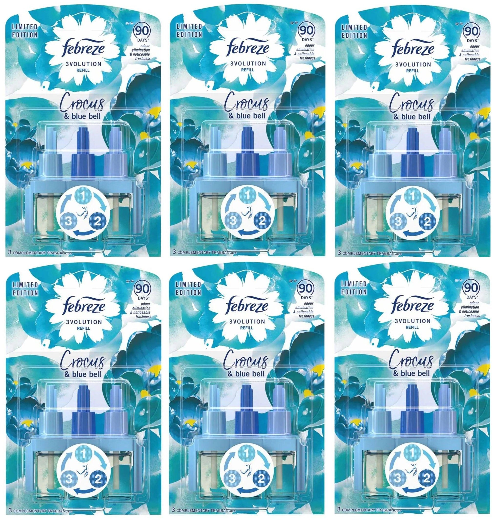 Febreze Raumduft Raumduft Crocus & bluebell 6er Pack Duftölflakon (Nachfüller Duftöl Frischer Duft Febreze 20ml je Flasche Aromatherapie Duftölflakon Flakon Diffuser, 6-St., Düfte Febreze 3Volution Refill Düfte), Raumduft für Zuhause frischer Duft Lu