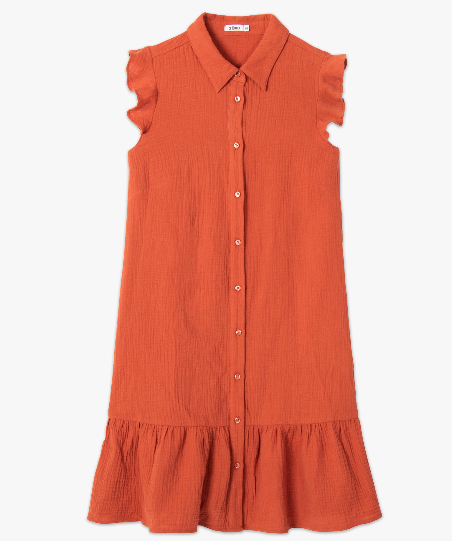 Robe femme en gaze de coton à col chemise orange clair | GEMO