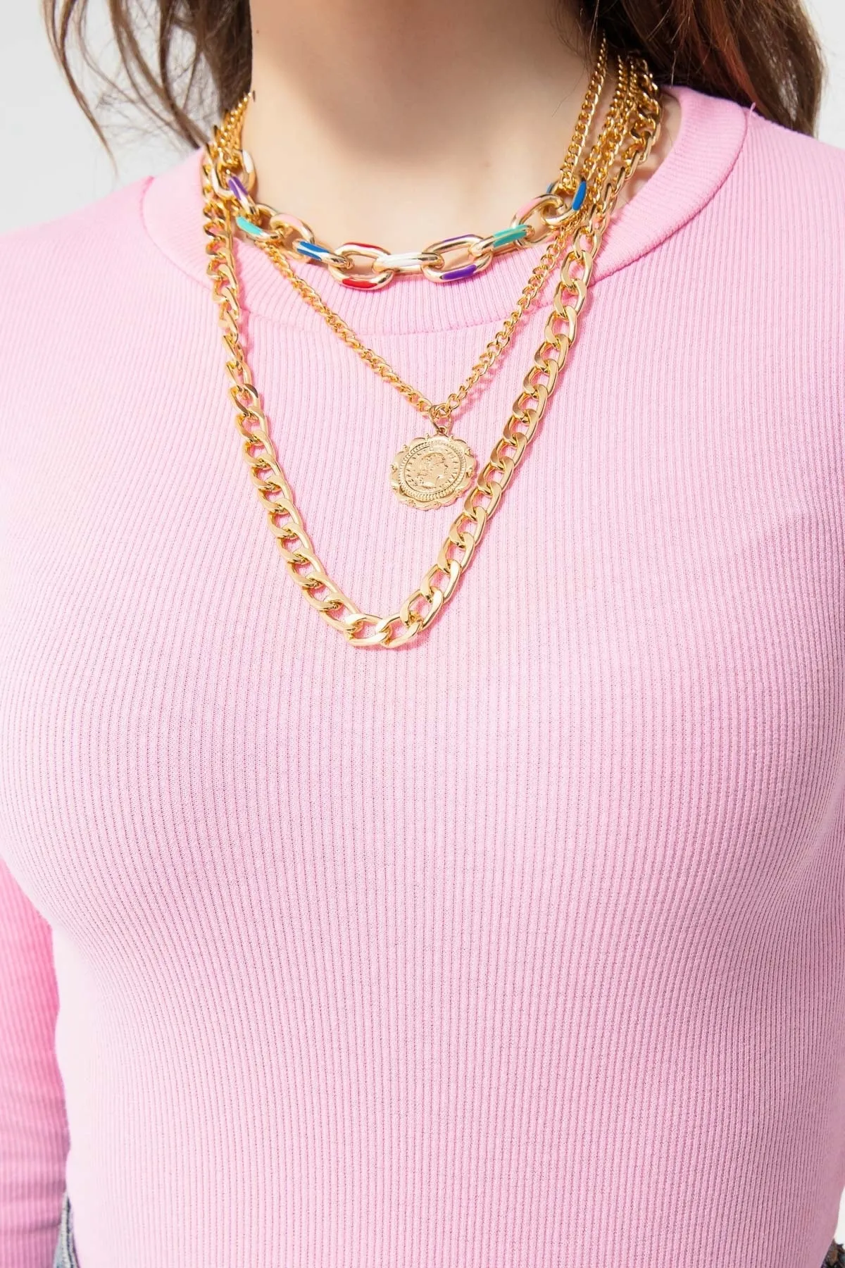 Lafaba  Rosa gerippte, langärmlige Crop-Bluse für Damen