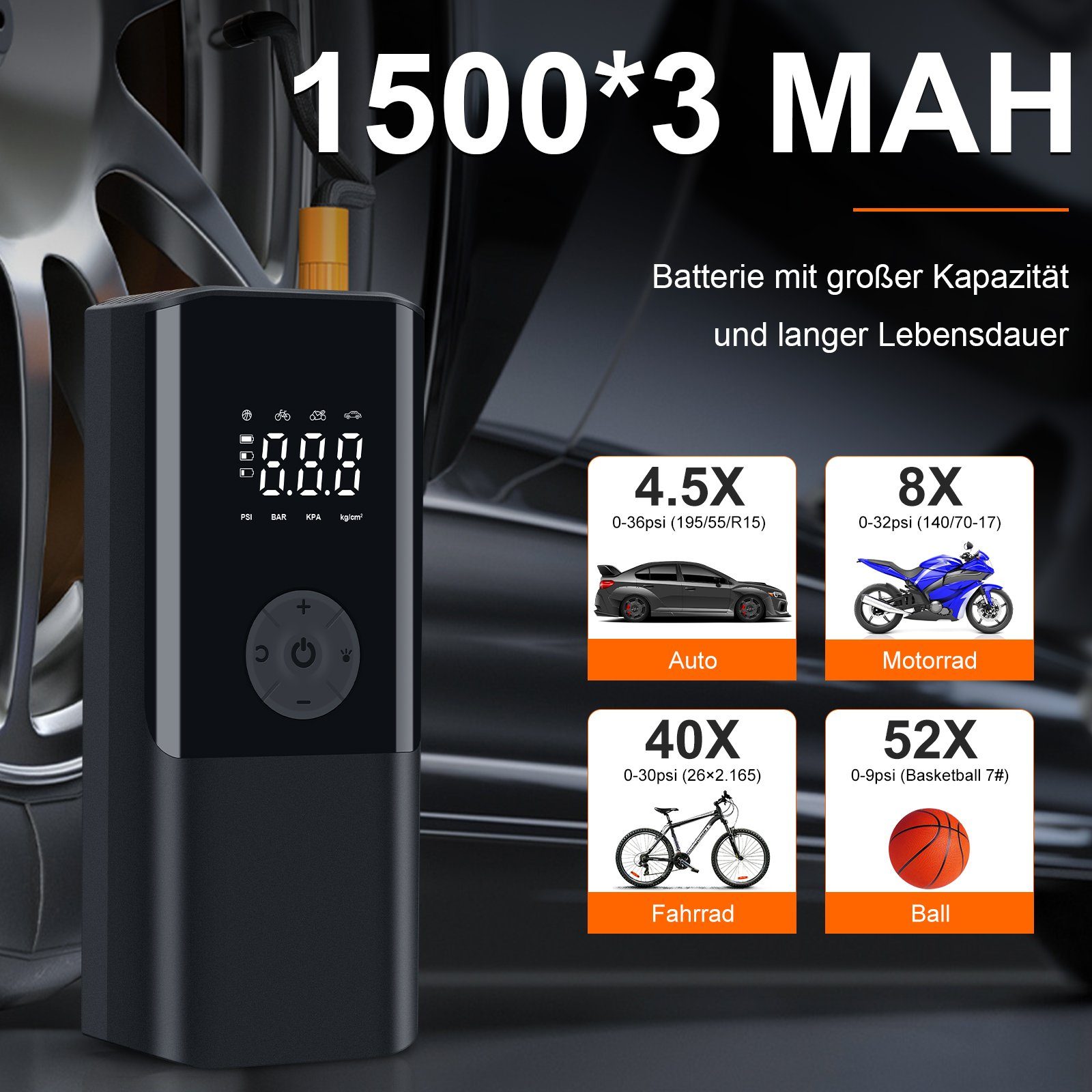 LETGOSPT Akku-Luftpumpe Elektrische Akku Luftpumpe Fahrradpumpe (Kabell Tragbarer Luftkompressor, Fahrrad Kompressor), mit Großbildschirm,Ultra Leichtgewicht, 150 PSI