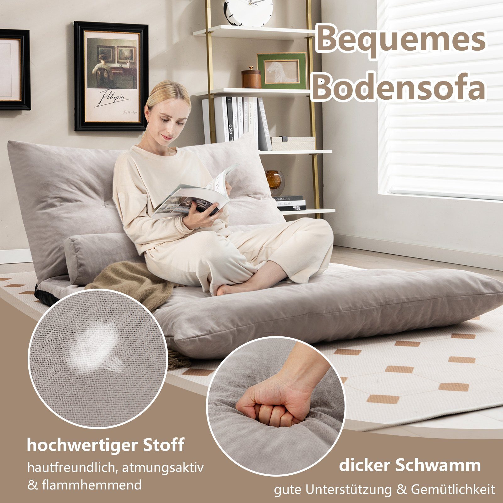 COSTWAY Sofa Bodensofa, verstellbare Rückenlehne, 3in1 Schlafsofa mit Kissen