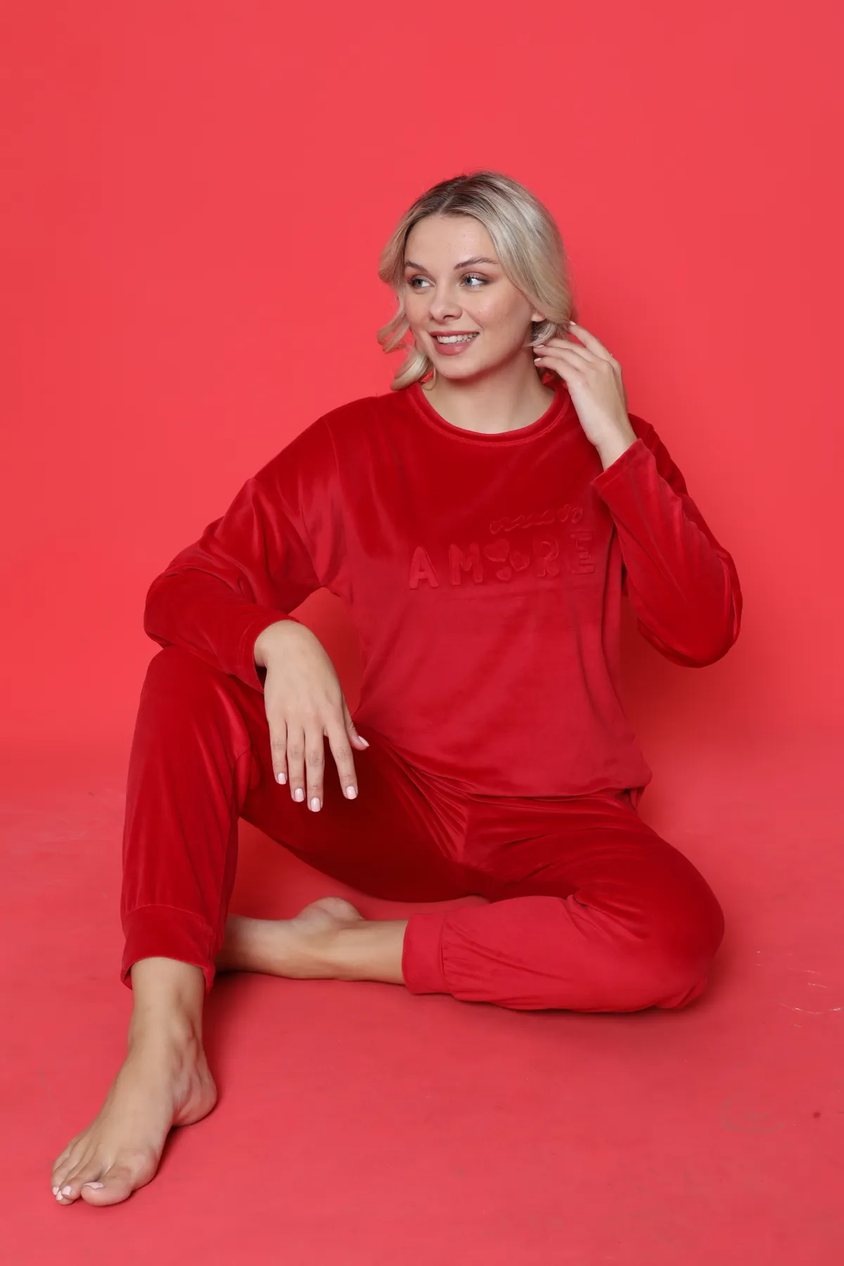 AHENGİM  Pyjama-Set für Jugendliche, französischer Samt, Amore, bedruckt, mit Spatenmanschette, Winter, saisonal, W20432250