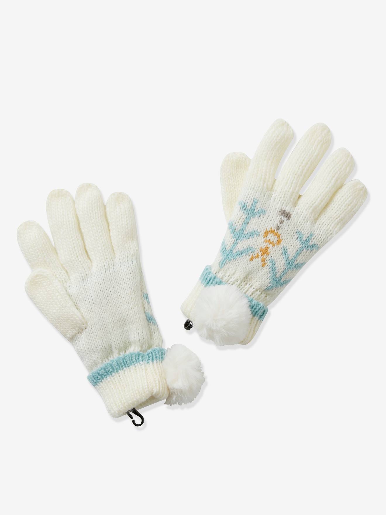 Gants fille en maille jacquard et pompons en fausse fourrure beige imprimé