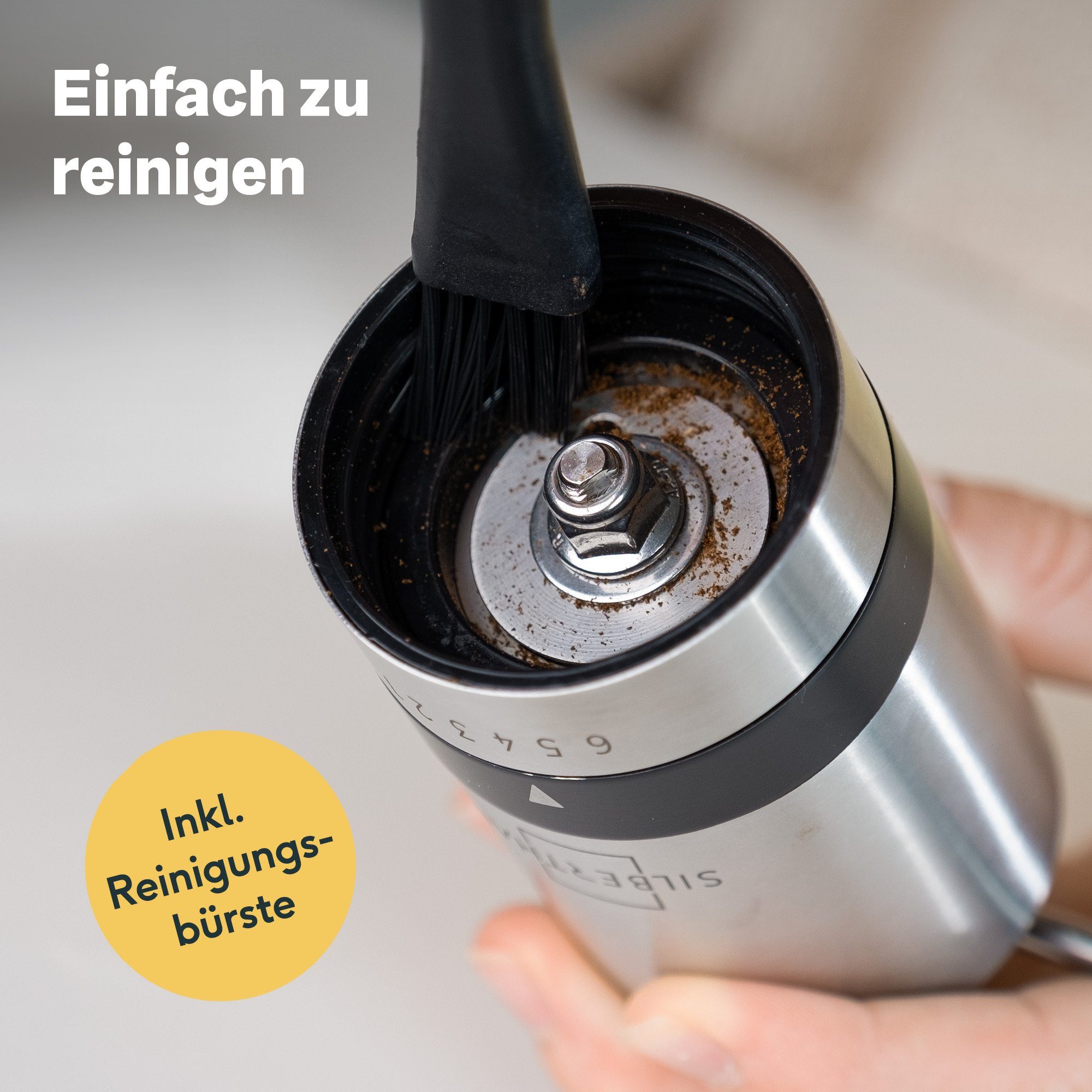 SILBERTHAL Kaffeemühle manuell, Kegelmahlwerk, 17,00 g Bohnenbehälter, Handmühle aus Edelstahl mit Ersatzglas und Reinigungspinsel