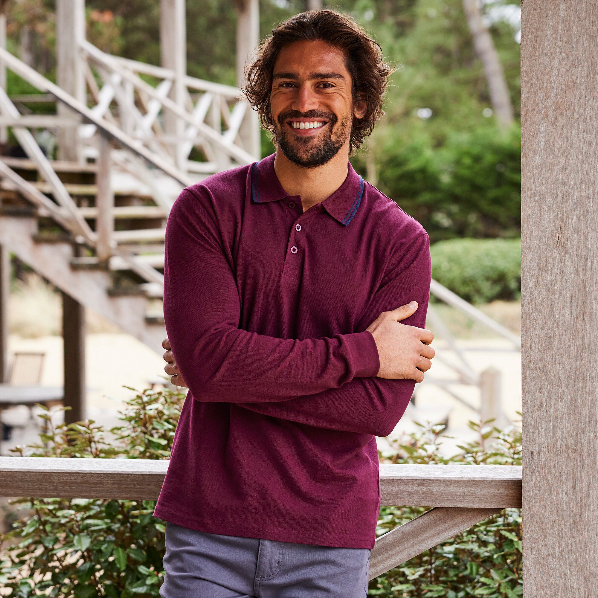 Polo uni maille piquée manches longues