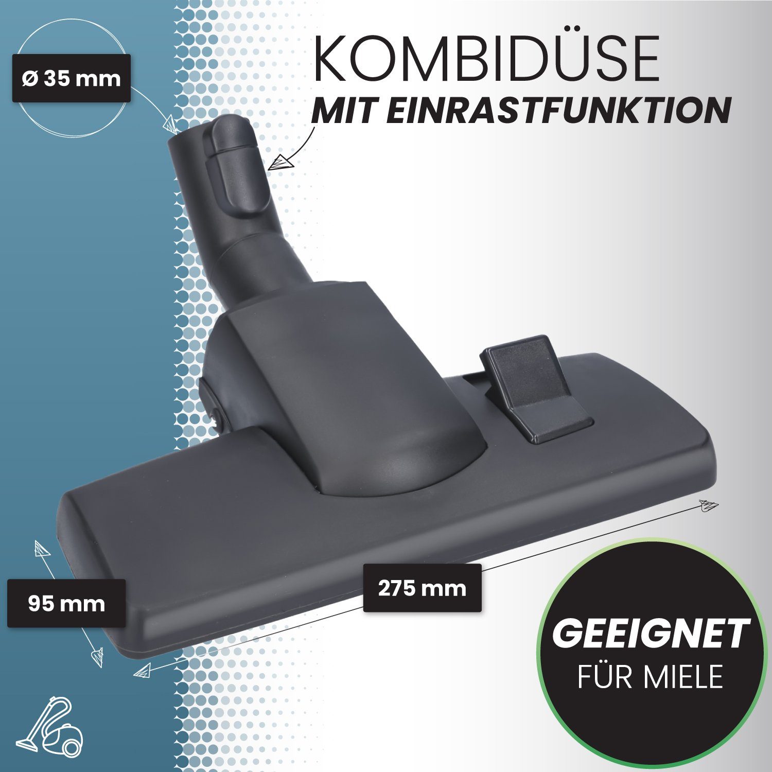 McFilter Kombidüse Düse Staubsaugerdüse, passend für alle Miele Staubsauger, 35mm, (1-tlg), Einrast- & Parkvorrichtung, Gelenk, umschaltbar, Fadenheber