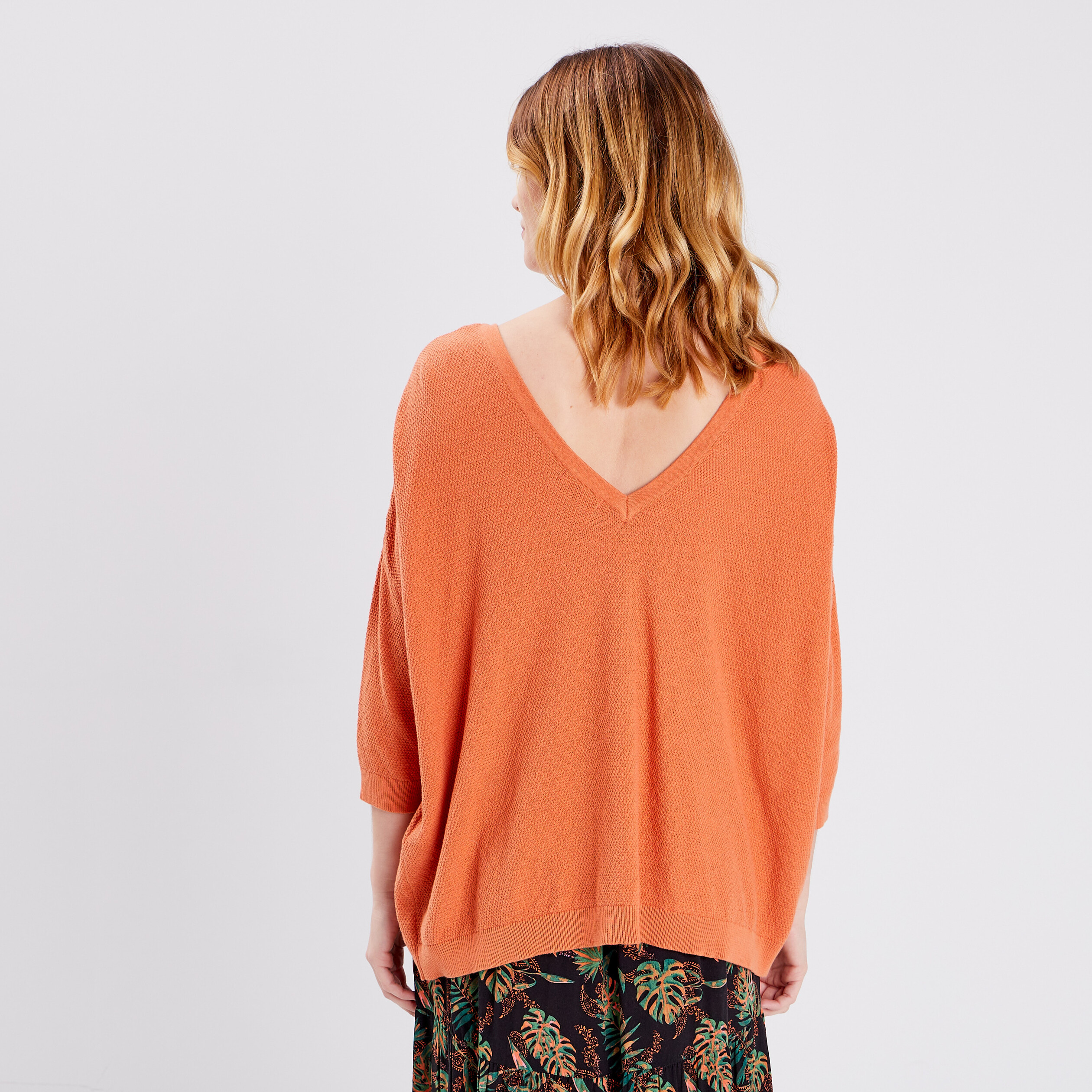 Pull manches 3 4 col lacet Liberto orange corail femme | La Halle