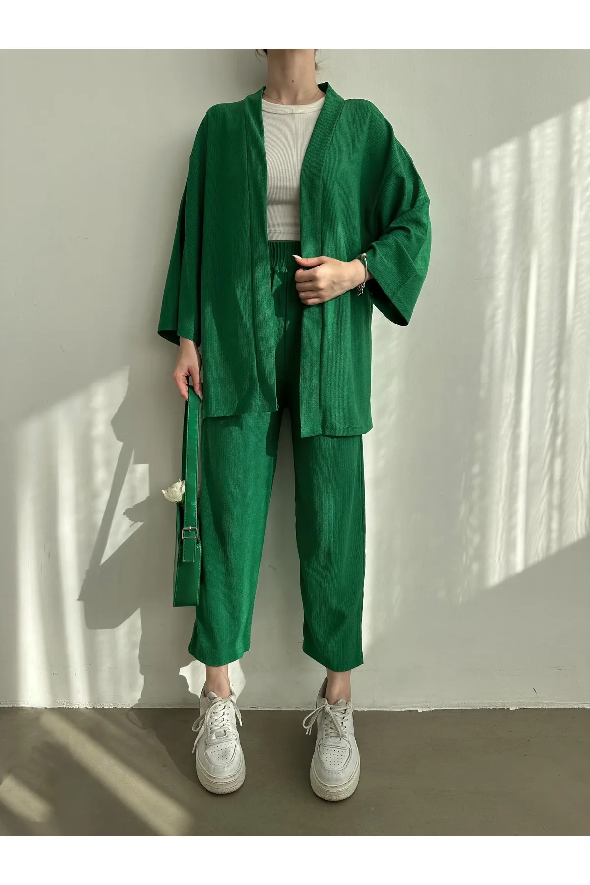 BEJNA  Grünes Kimono-Hosen-Strickset für Damen