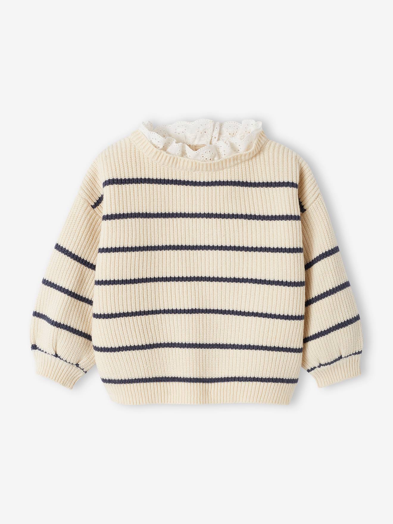 Pull en côte perlée bébé col en broderie anglaise vert sauge