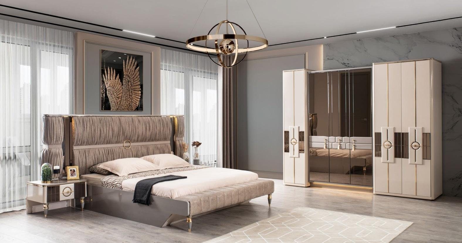 JVmoebel Schlafzimmer-Set Modern Garnitur Doppelbett Bett Beige Holz Luxus Schlafzimmer Set 4tlg, (4-St)