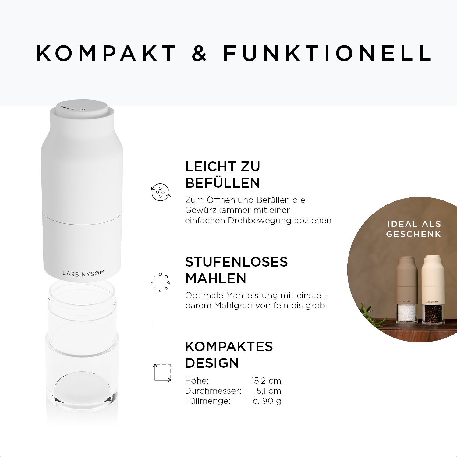 LARS NYSØM Salz-/Pfeffermühle Omvendt Manuell, mit einstellbarem Keramik-Mahlwerk